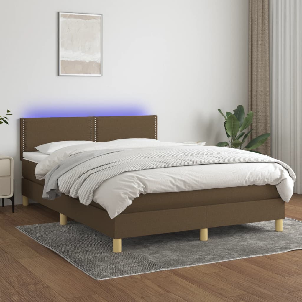 Letto A Molle Materasso E Led Marrone Scuro 140x200 Cm Tessuto