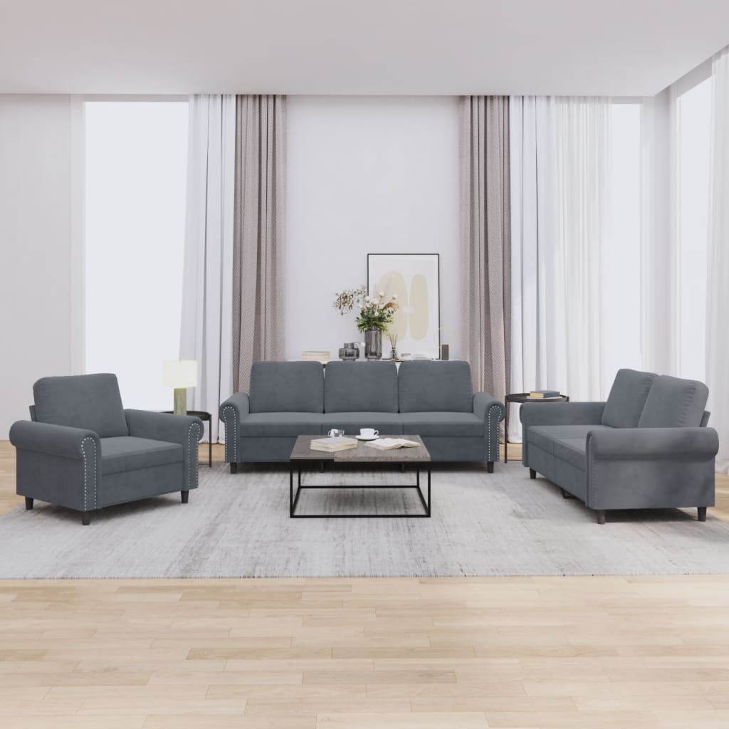 Set Di Divani 3 Pz Con Cuscini Grigio Scuro In Velluto