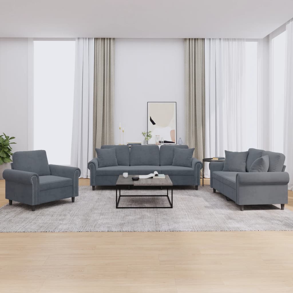 Set Di Divani 3 Pz Con Cuscini Grigio Scuro In Velluto