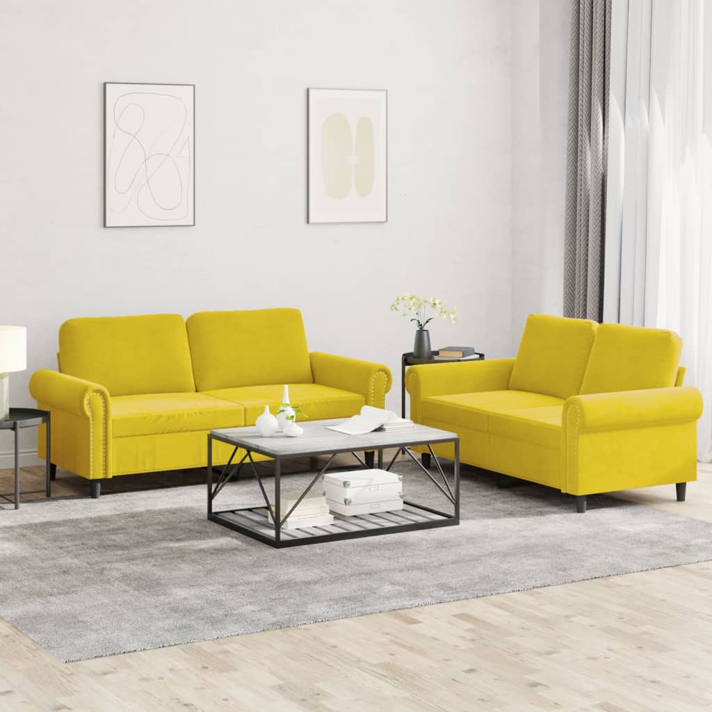 Set Di Divani 2 Pz Con Cuscini Giallo In Velluto