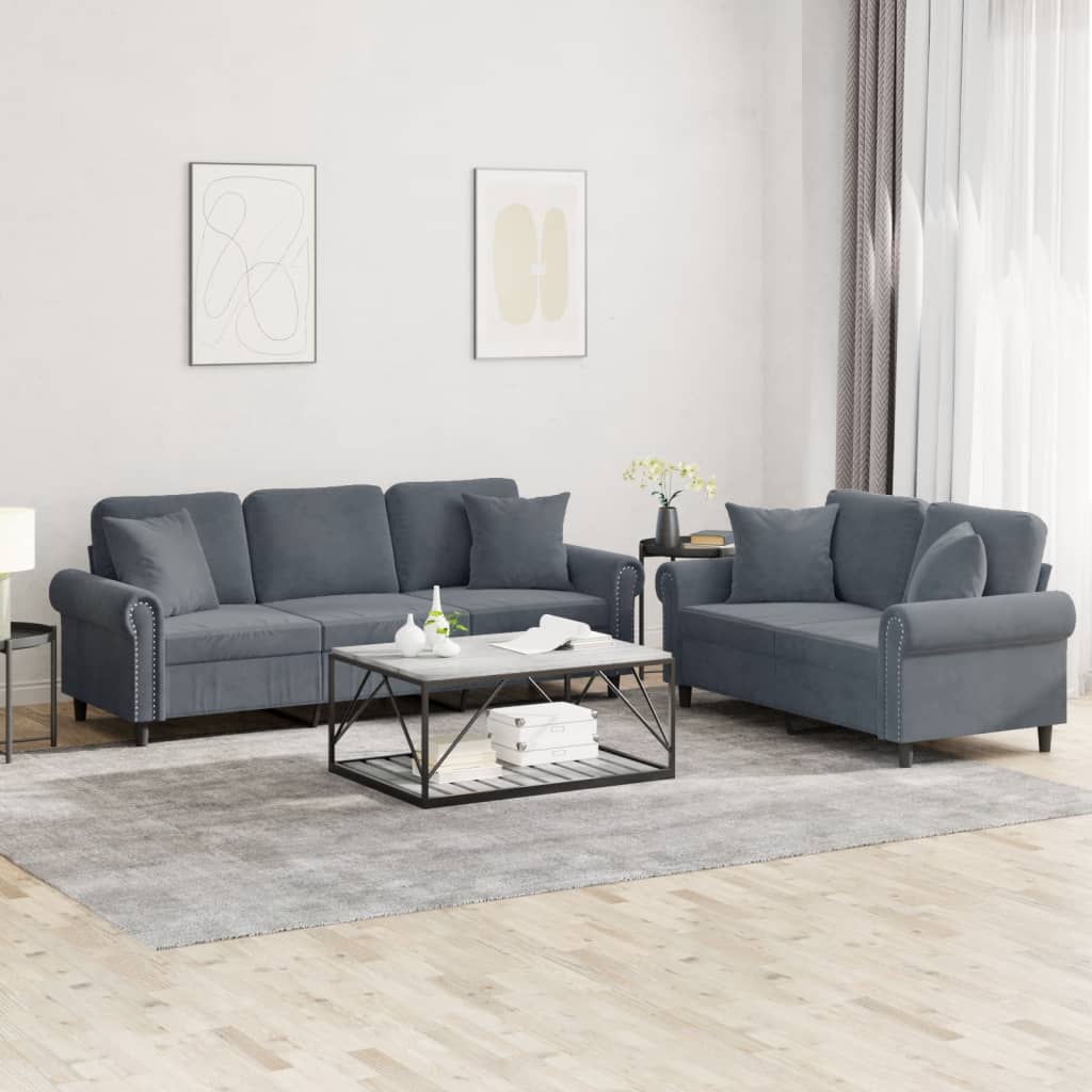 Set Di Divani 2 Pz Con Cuscini Grigio Scuro In Velluto