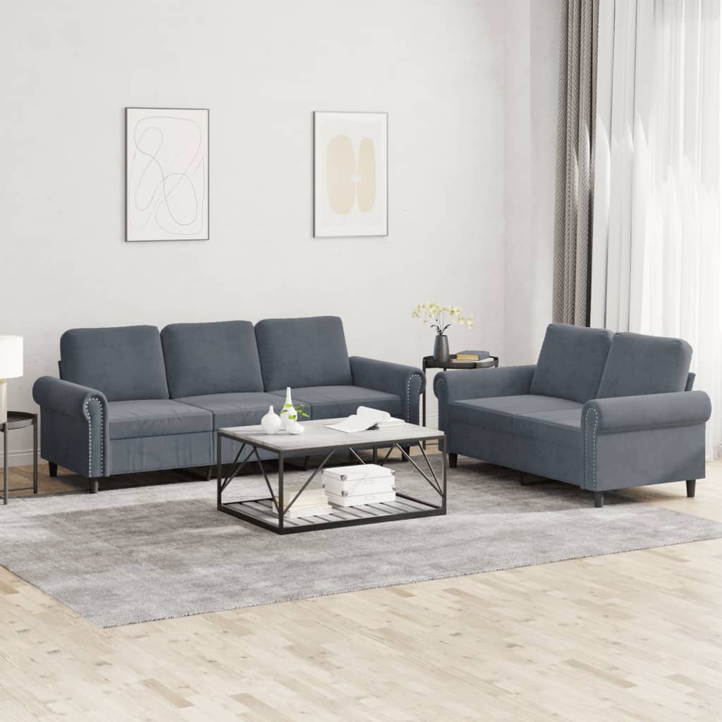 Set Di Divani 2 Pz Con Cuscini Grigio Scuro In Velluto