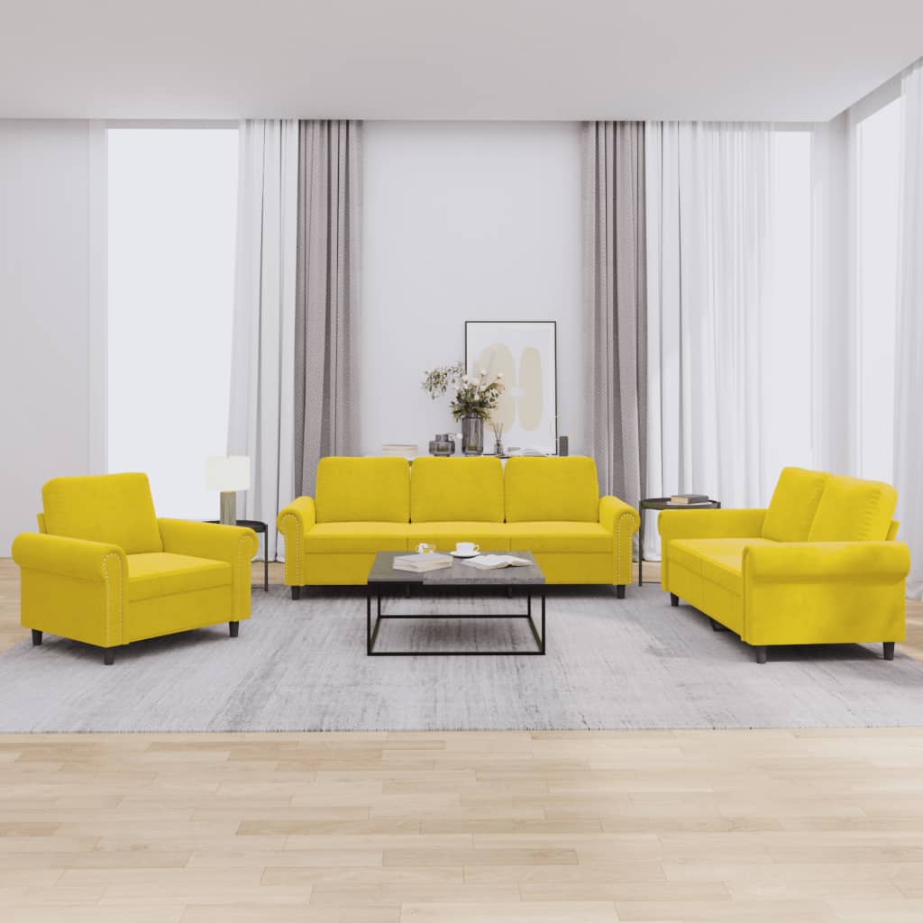 Set Di Divani 3 Pz Con Cuscini Giallo In Velluto