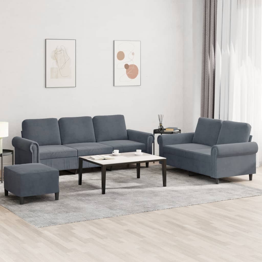 Set Di Divani 3 Pz Con Cuscini Grigio Scuro In Velluto