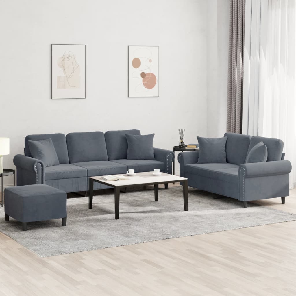 Set Di Divani 3 Pz Con Cuscini Grigio Scuro In Velluto