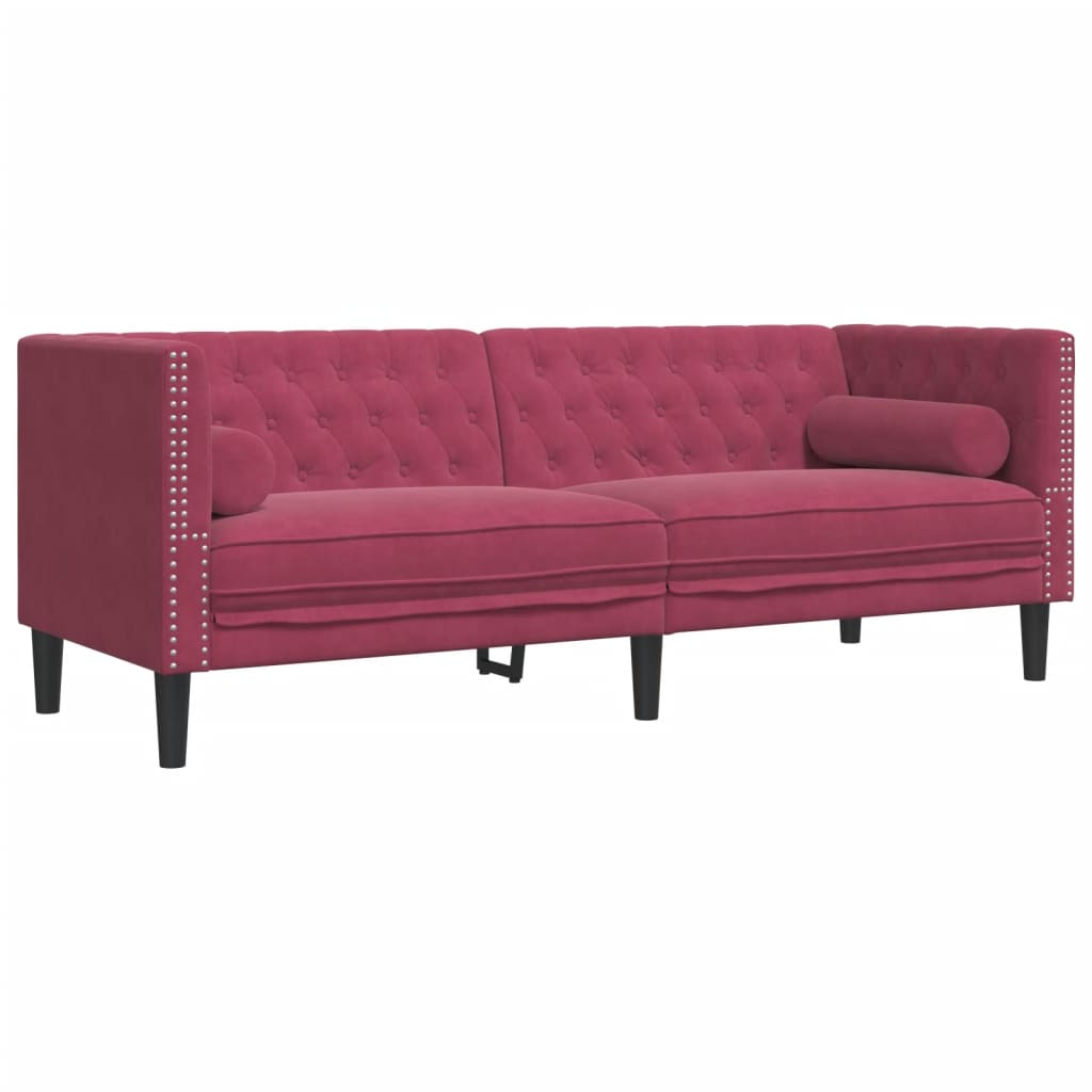 Set Divani Chesterfield 2pz Con Cuscini Rosso Vino Velluto - Image 4