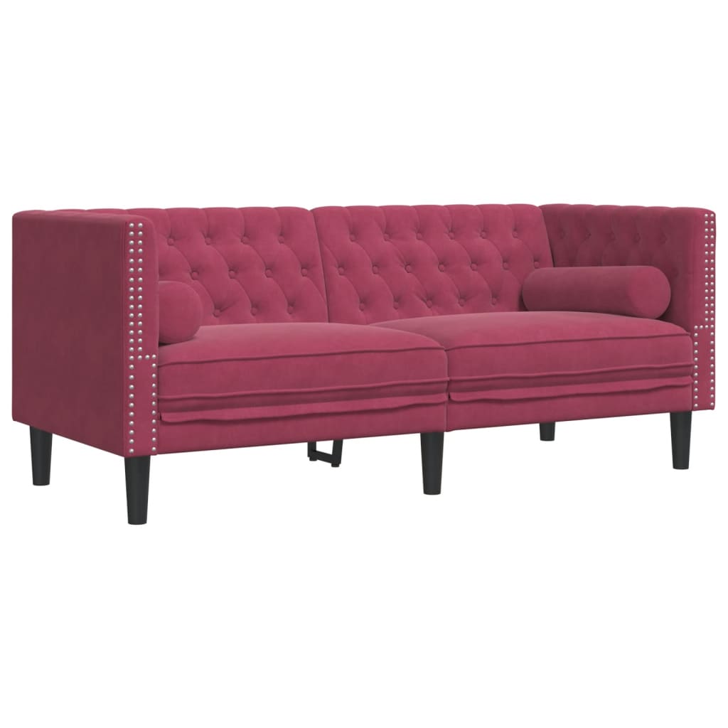 Set Divani Chesterfield 2pz Con Cuscini Rosso Vino Velluto - Image 5