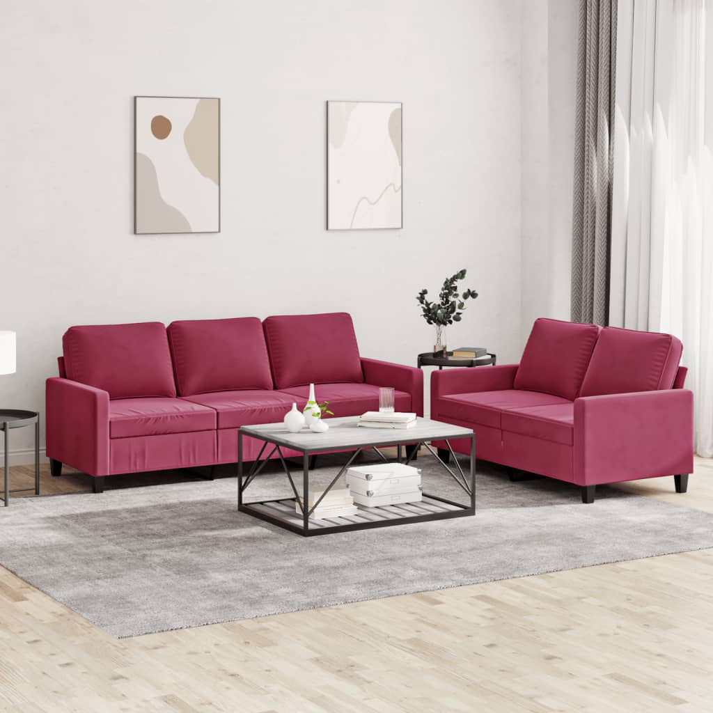 Set Di Divani 2 Pz Con Cuscini Rosso Vino In Velluto