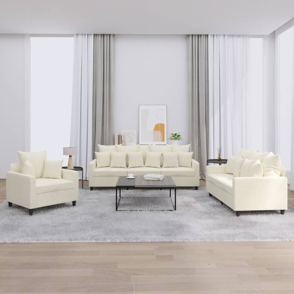 Set Di Divani 3 Pz Con Cuscini Crema In Velluto