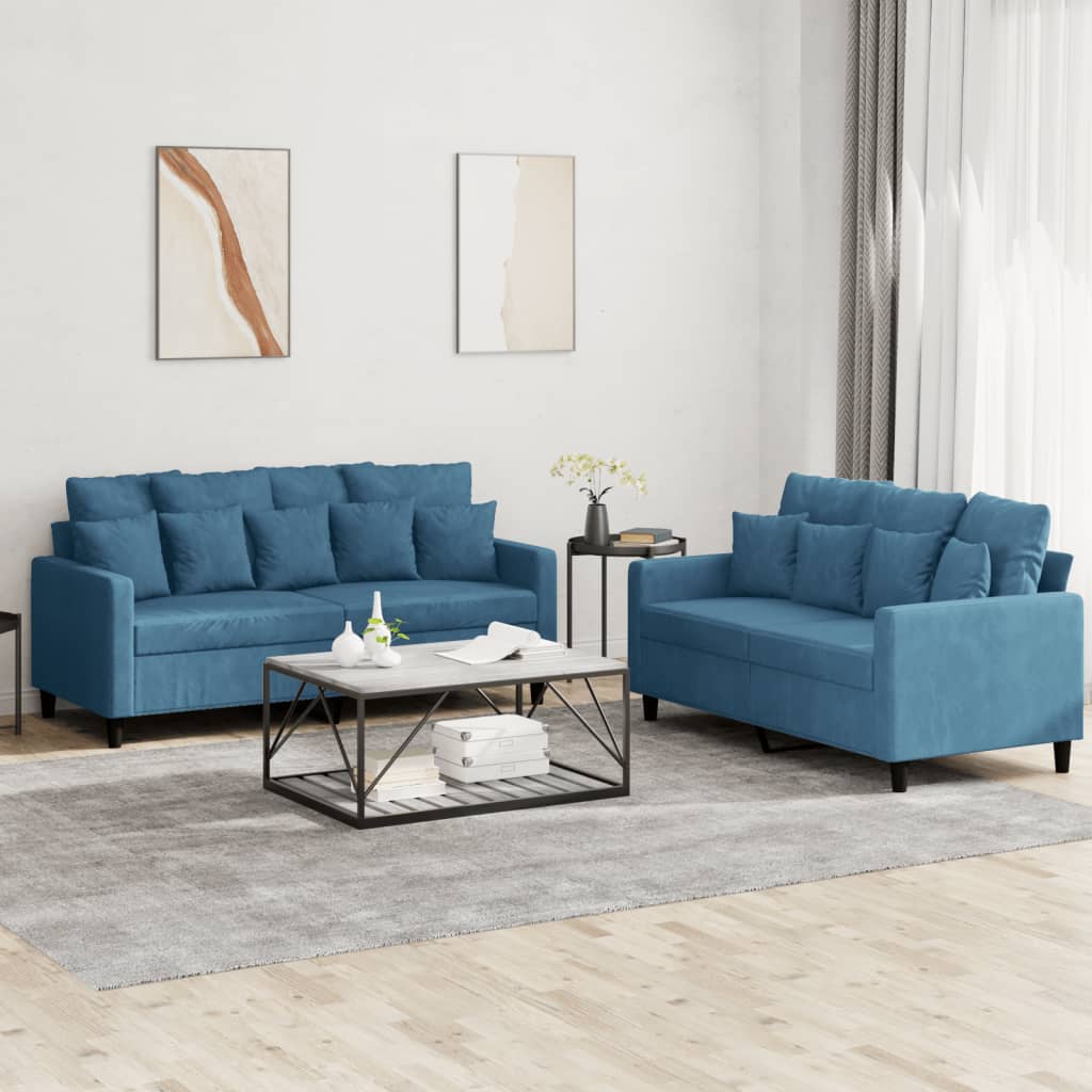 Set Di Divani 2 Pz Con Cuscini Blu In Velluto