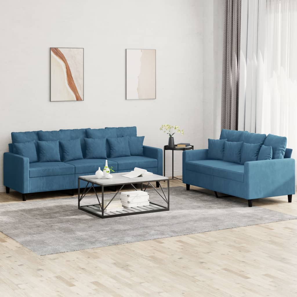 Set Di Divani 2 Pz Con Cuscini Blu In Velluto