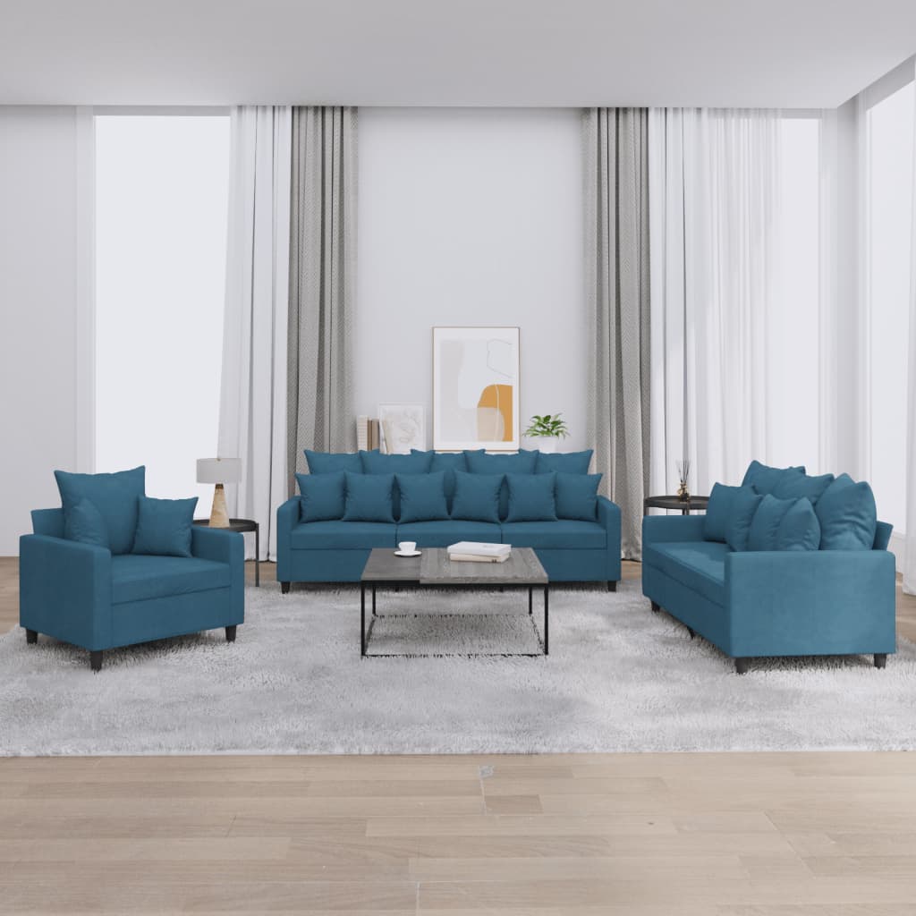 Set Di Divani 3 Pz Con Cuscini Blu In Velluto