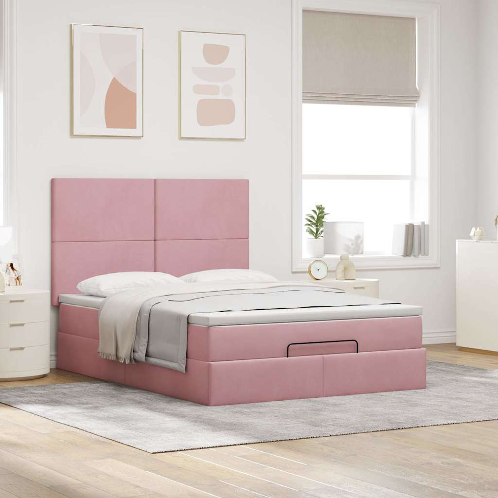 Struttura Letto Pouf Con Materassi Rosa 140x200 Cm In Velluto - Image 4