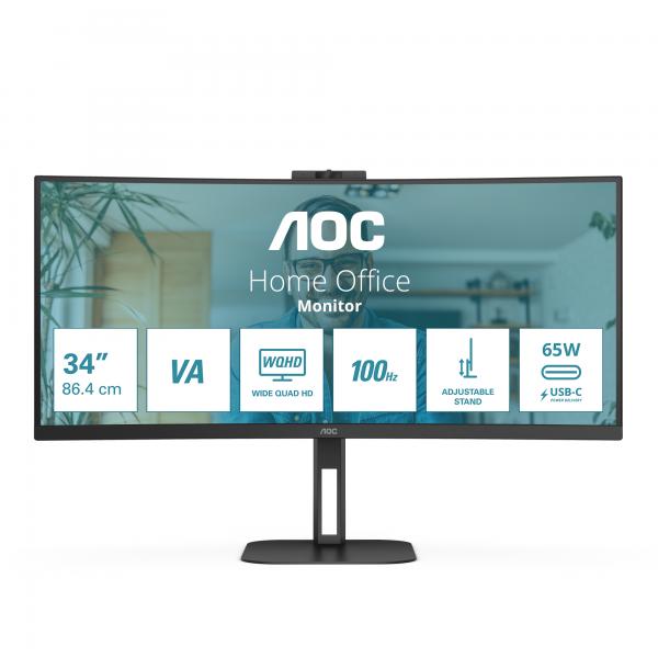 Aoc Monitor Curvo 34 Led Va Wqhd 21:9 4ms 300 Cdm, Altezza, Webcam, UsB-C, Dp/hdmi, Multimediale