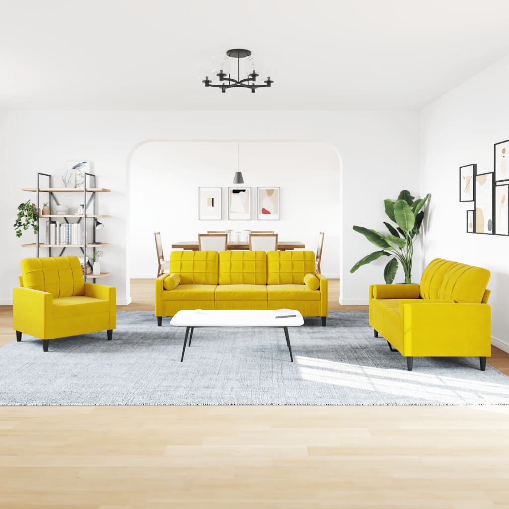 Set Di Divani 3 Pz Con Cuscini E Rinforzi Giallo In Velluto - Image 3