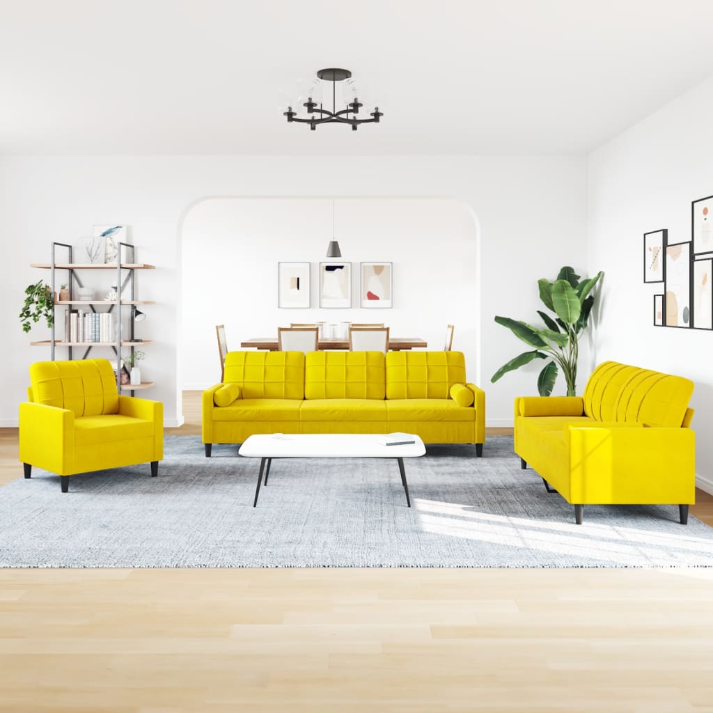 Set Di Divani 3 Pz Con Cuscini E Rinforzi Giallo In Velluto - Image 3