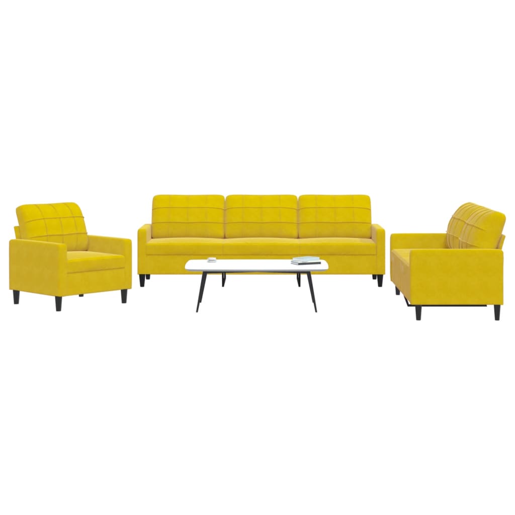 Set Di Divani 3 Pz Con Cuscini Giallo In Velluto