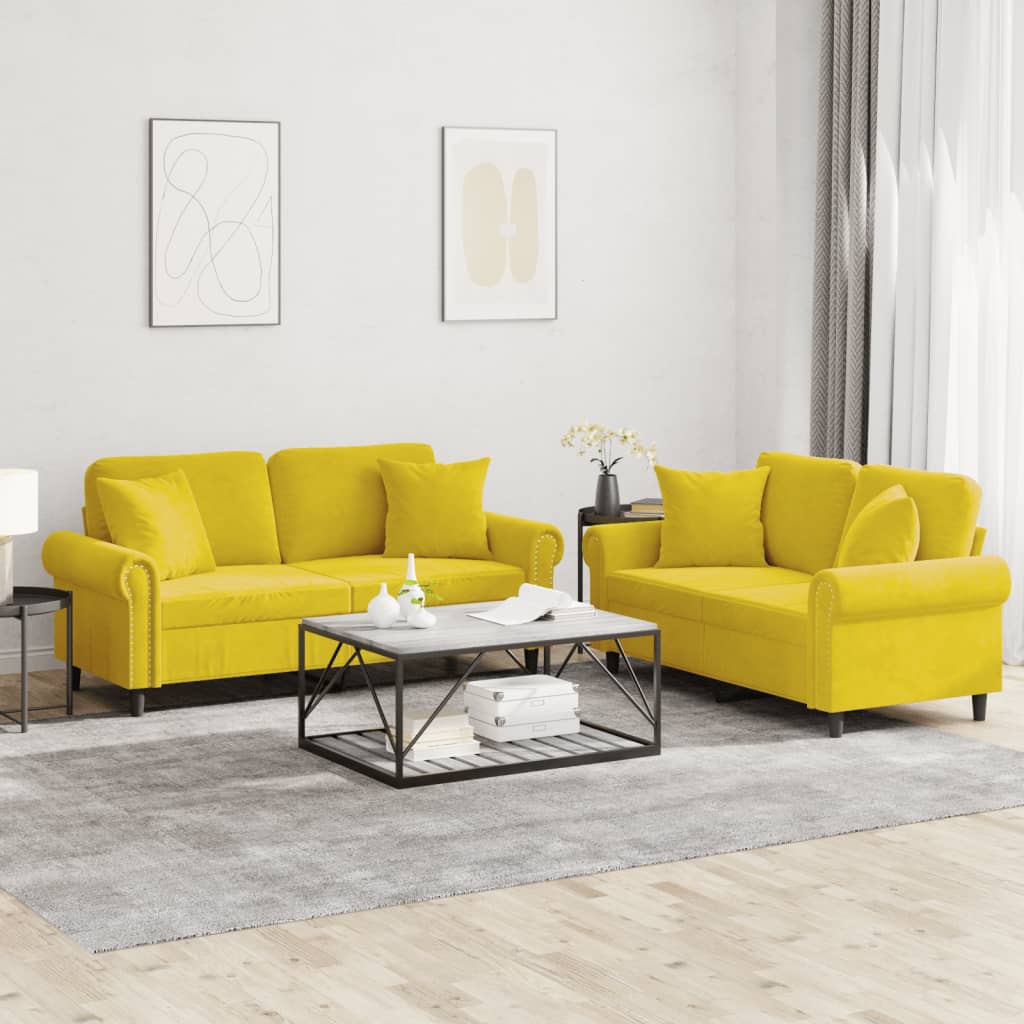 Set Di Divani 2 Pz Con Cuscini Giallo In Velluto