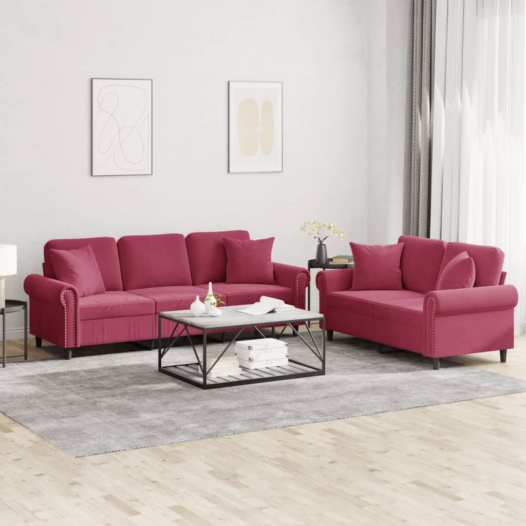 Set Di Divani 2 Pz Con Cuscini Rosso Vino In Velluto