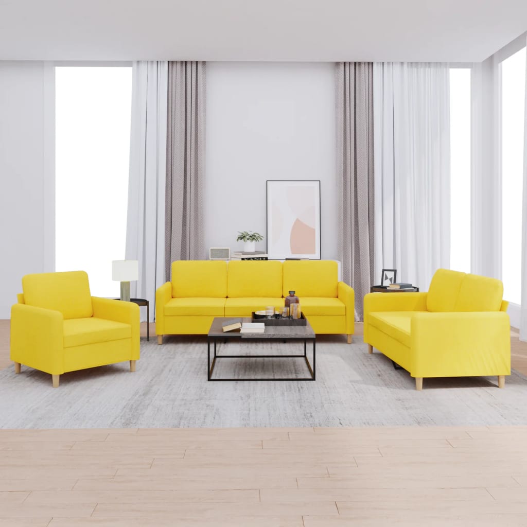 Set Di Divani 3 Pz Con Cuscini Giallo Chiaro In Tessuto