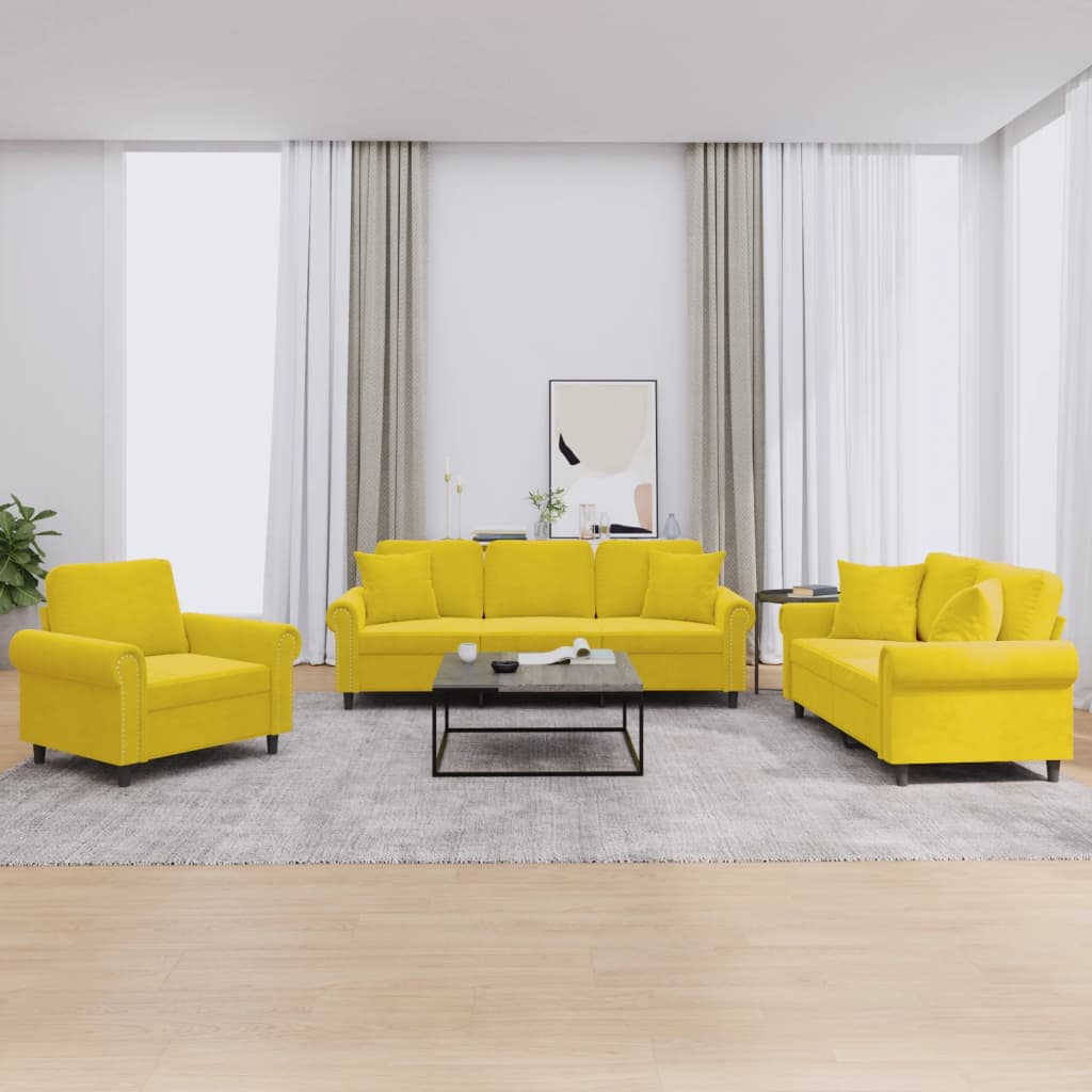 Set Di Divani 3 Pz Con Cuscini Giallo In Velluto