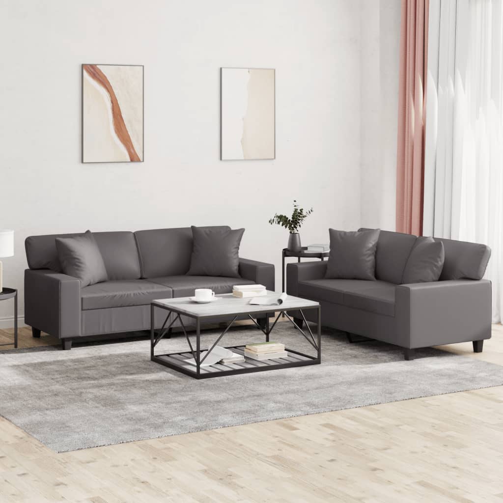Set Di Divani 2 Pz Con Cuscini Grigio In Similpelle