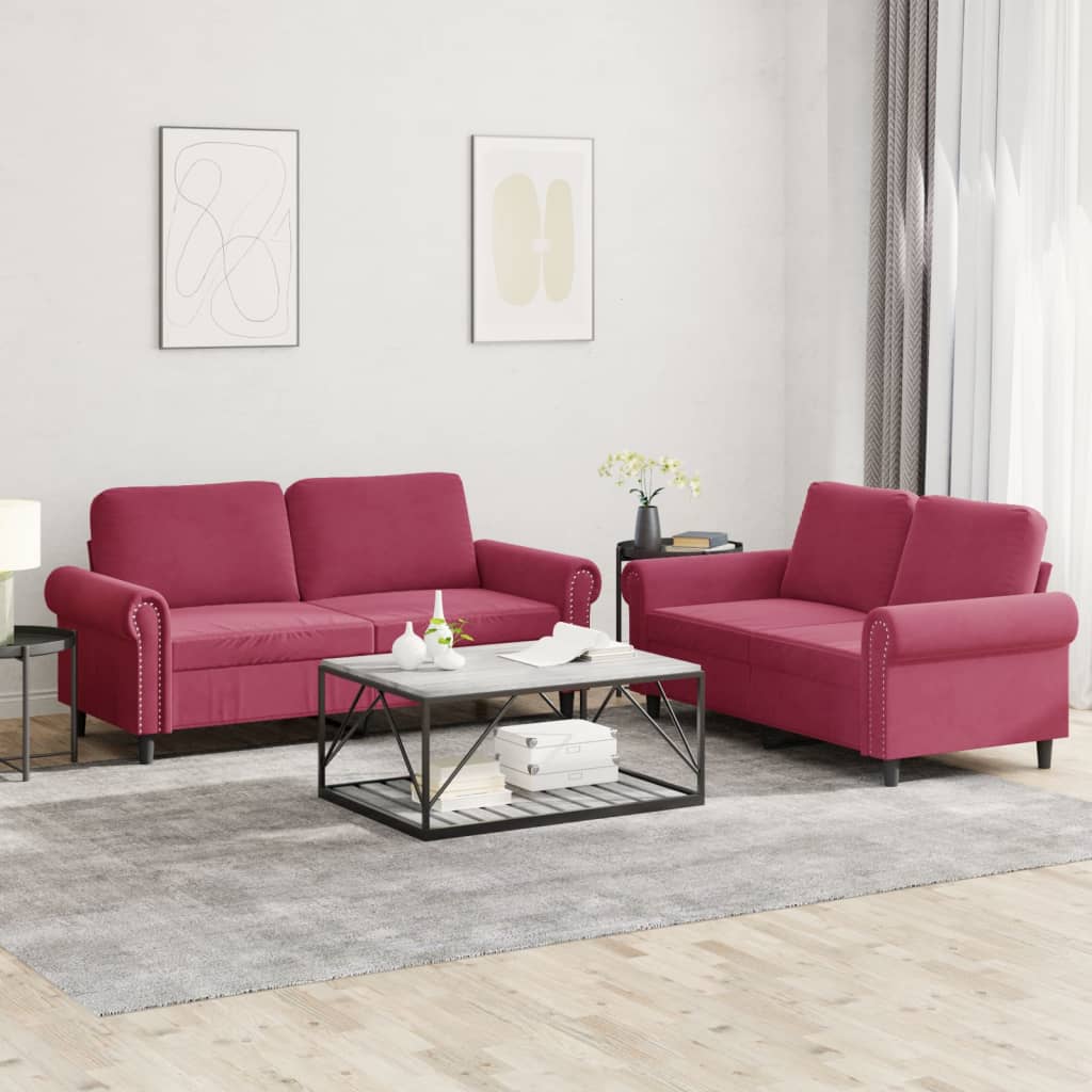 Set Di Divani 2 Pz Con Cuscini Rosso Vino In Velluto