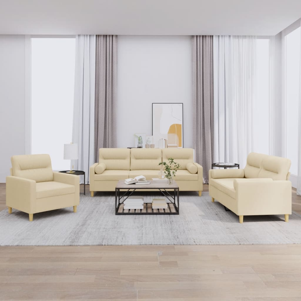 Set Divani 3 Pz Con Cuscini Crema In Tessuto