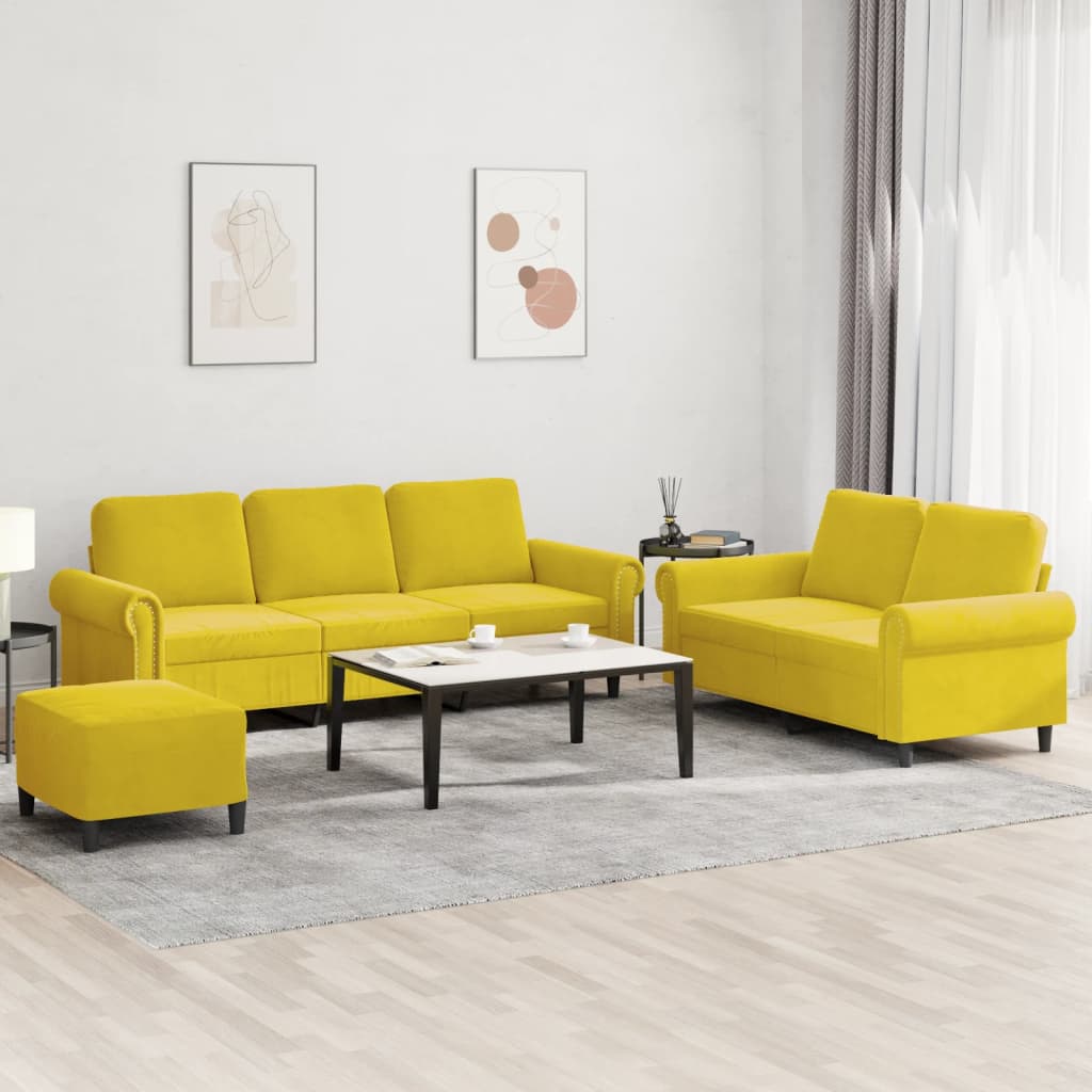 Set Di Divani 3 Pz Con Cuscini Giallo In Velluto
