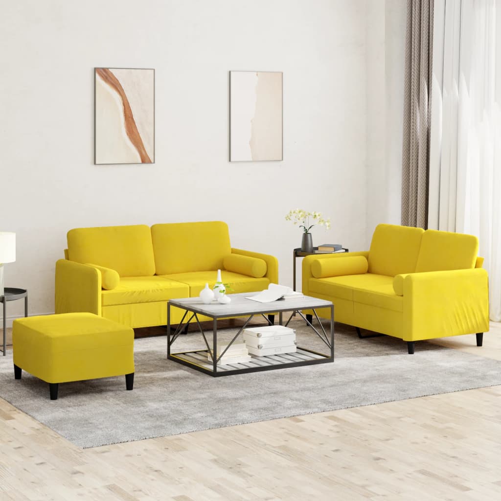 Set Di Divani 3 Pz Con Cuscini Giallo In Velluto