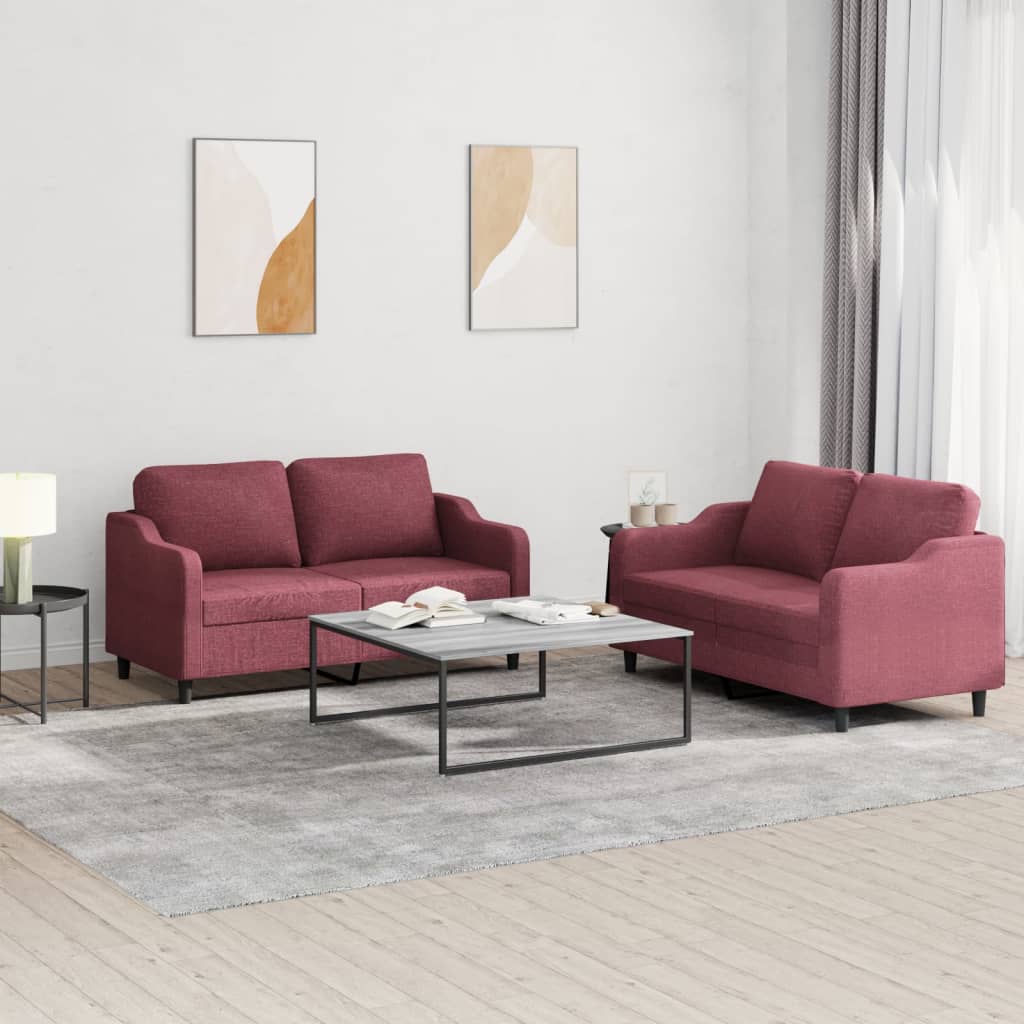 Set Di Divani 2 Pz Con Cuscini Rosso Vino In Tessuto
