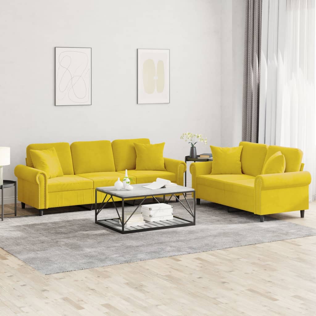 Set Di Divani 2 Pz Con Cuscini Giallo In Velluto