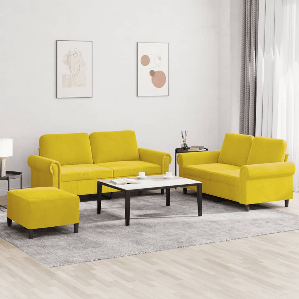 Set Di Divani 3 Pz Con Cuscini Giallo In Velluto