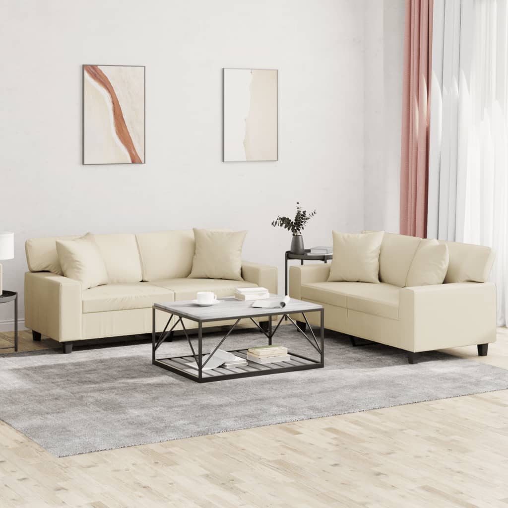 Set Di Divani 2 Pz Con Cuscini Crema In Similpelle