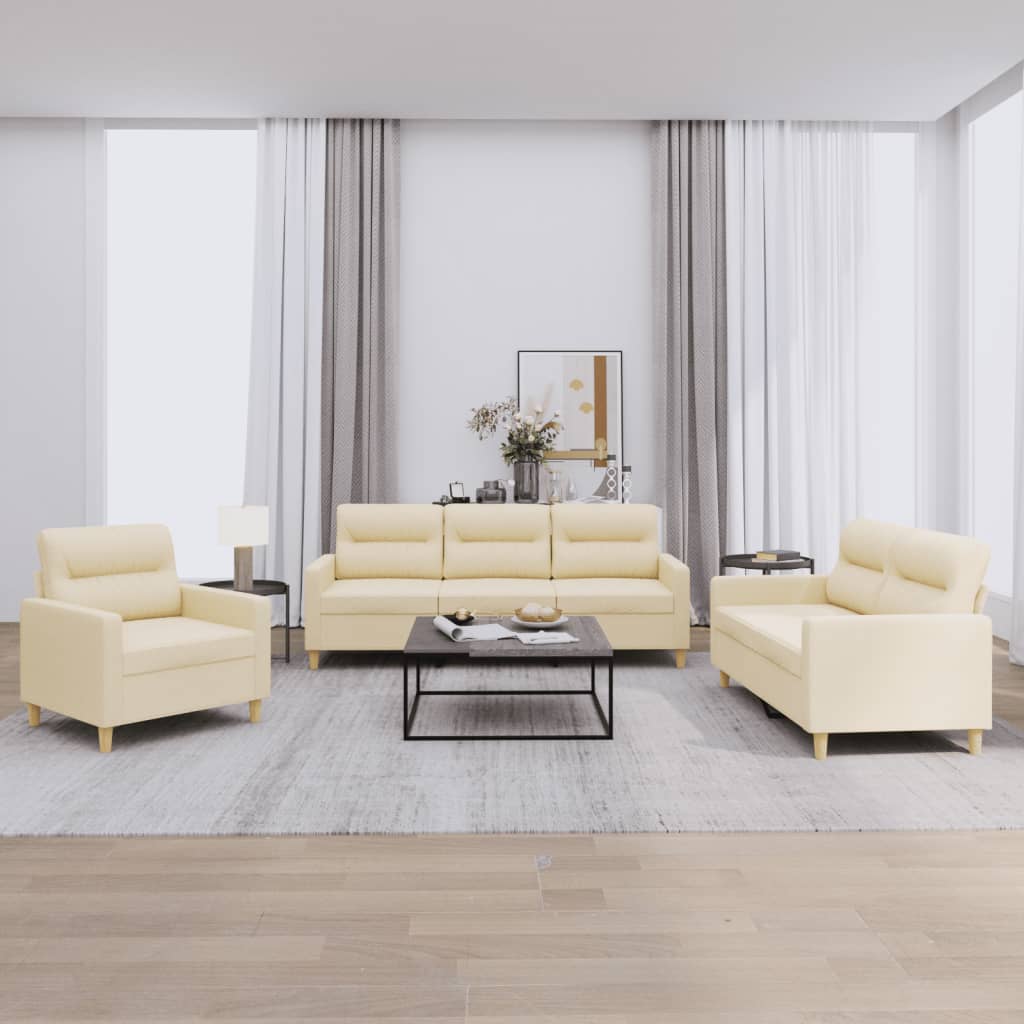 Set Di Divani 3 Pz Con Cuscini Crema In Tessuto