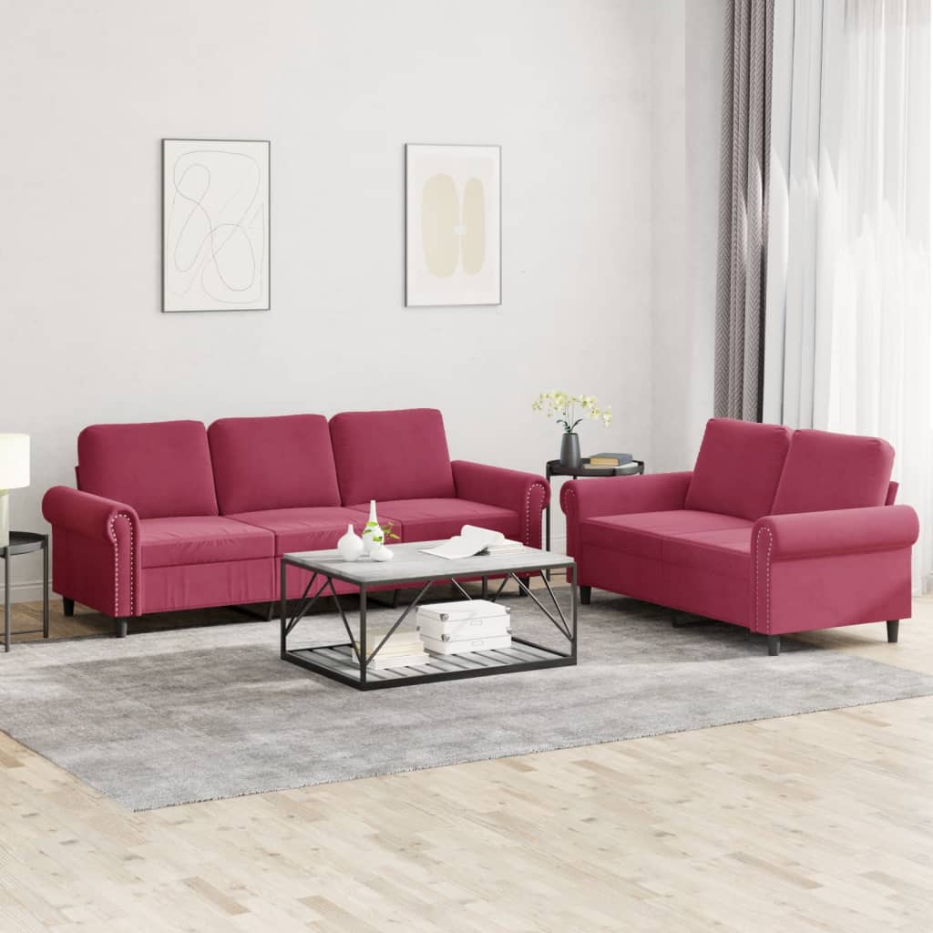 Set Di Divani 2 Pz Con Cuscini Rosso Vino In Velluto