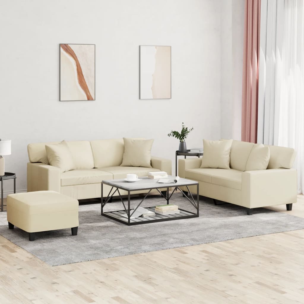 Set Di Divani 3 Pz Con Cuscini Crema In Similpelle