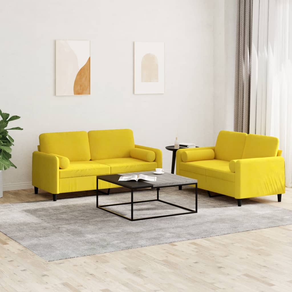 Set Di Divani 2 Pz Con Cuscini Giallo In Velluto