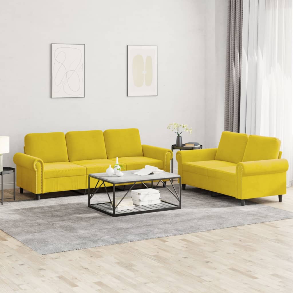 Set Di Divani 2 Pz Con Cuscini Giallo In Velluto
