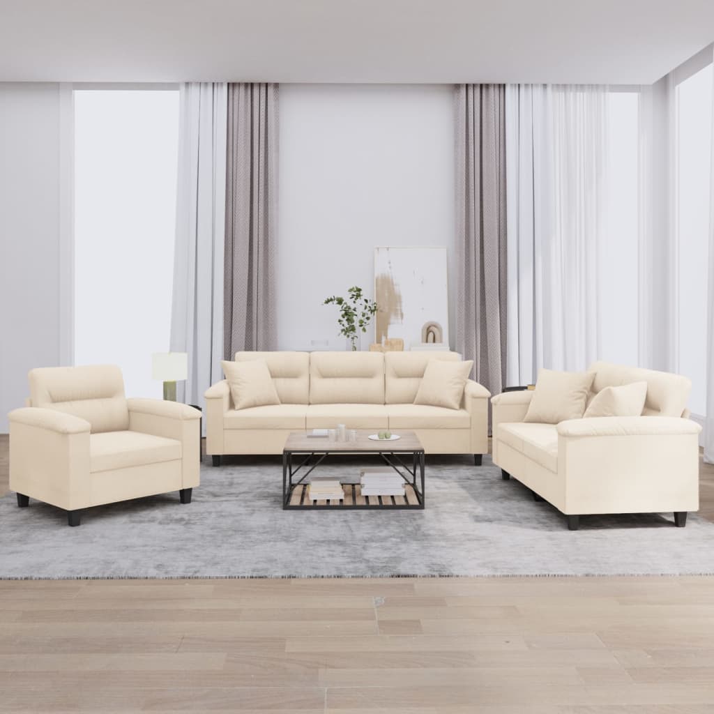 Set Divani 3 Pz Con Cuscini Beige In Tessuto Microfibra