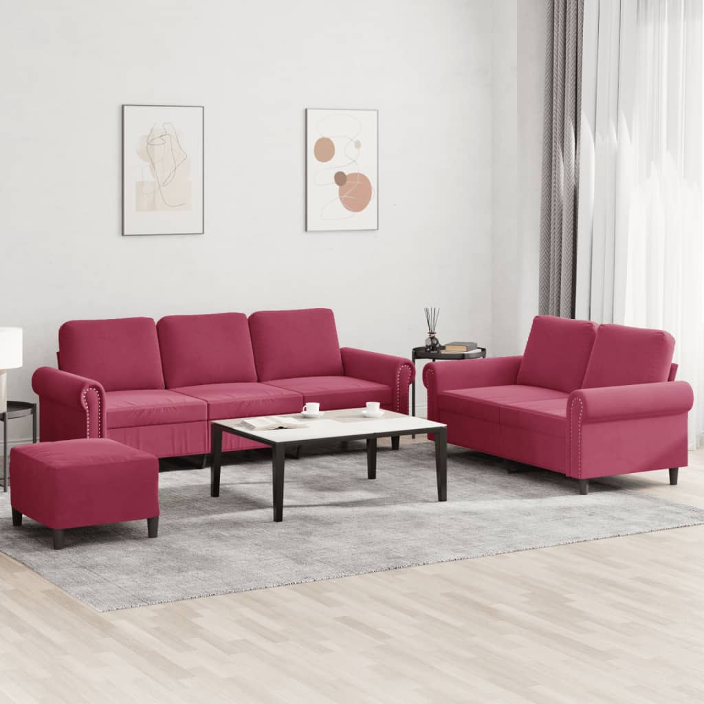 Set Di Divani 3 Pz Con Cuscini Rosso Vino In Velluto