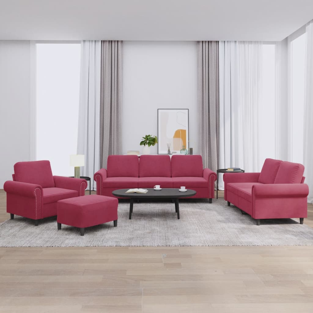 Set Di Divani 4 Pz Con Cuscini Rosso Vino In Velluto