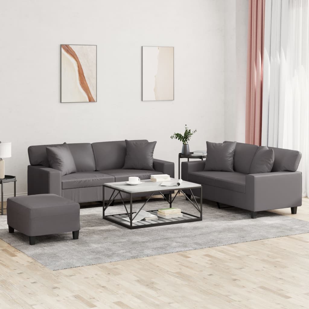 Set Di Divani 3 Pz Con Cuscini Grigio In Similpelle