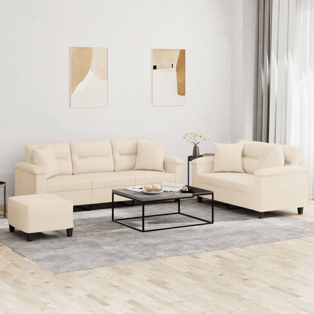 Set Divani 3 Pz Con Cuscini Beige In Tessuto Microfibra