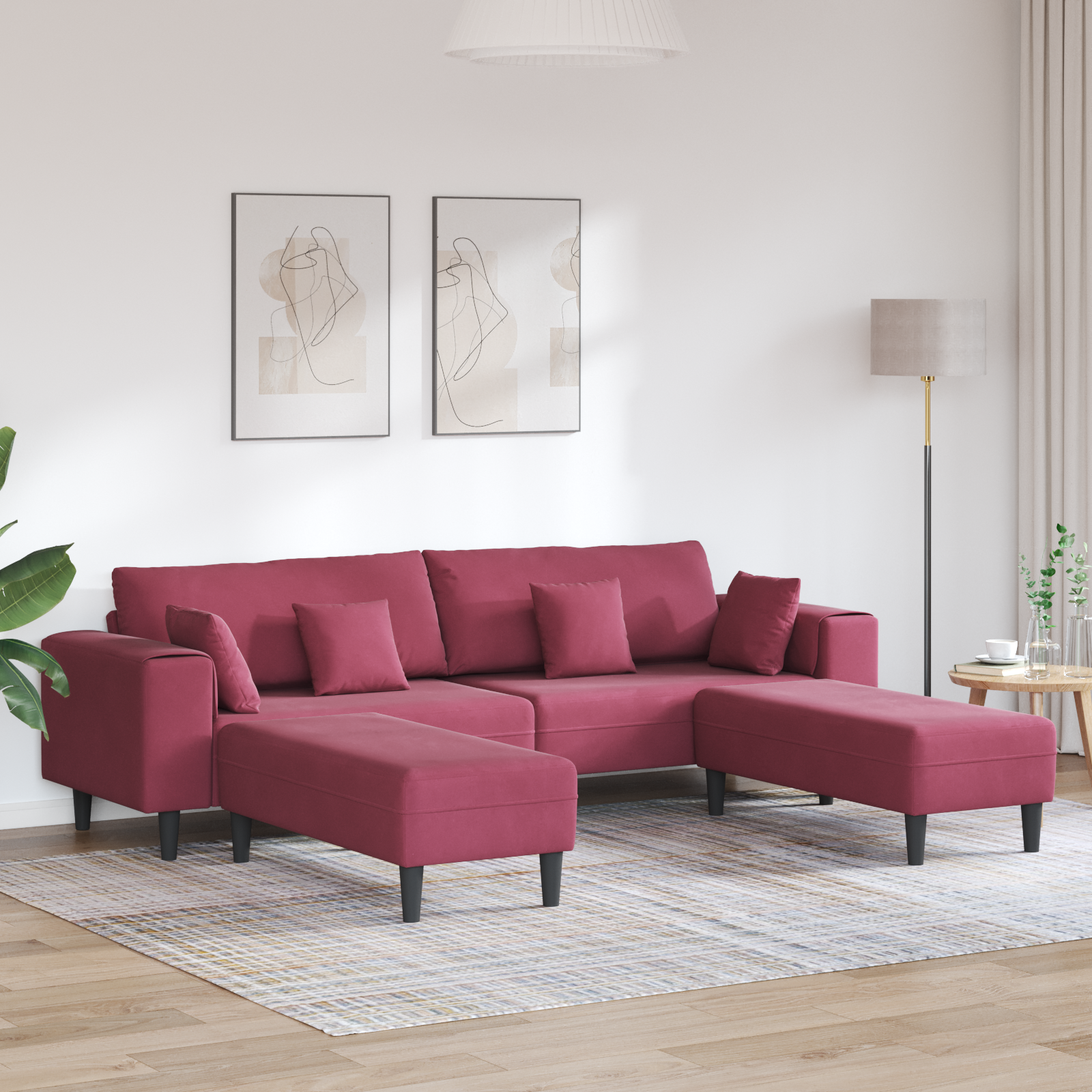 Divano In Velluto Con Cuscino 3 Pcs Rosso Vino 208 Cm Velluto