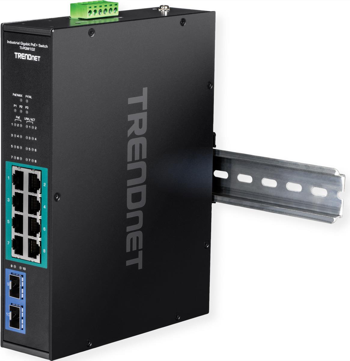 Trendnet TI-Pgm102 - Switch - Industriell - 8 X 10/100/1000 (poe+) + 2 X Gigabit Sfp - An DiN-Schiene Montierbar, Wandmontierbar - Poe+ (240 W) - Taa