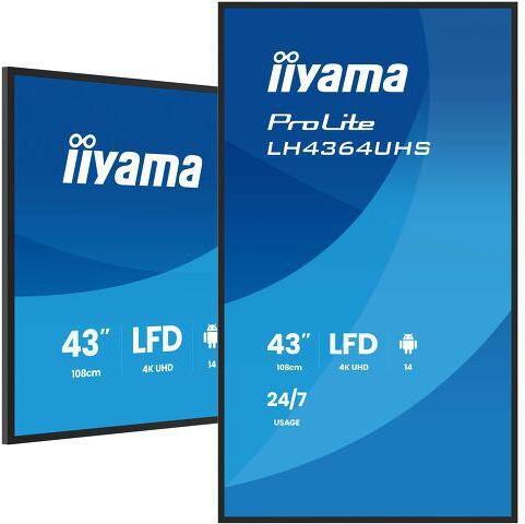 Iiyama Prolite Lh4364uhS-B1ag, 109,2cm (43''), 4k, Usb, UsB-C, Rs232, Ethernet, Wlan, Android, Kit (rs232), Schwarz Tft Monitor, 16:9, Bildschirmdiag