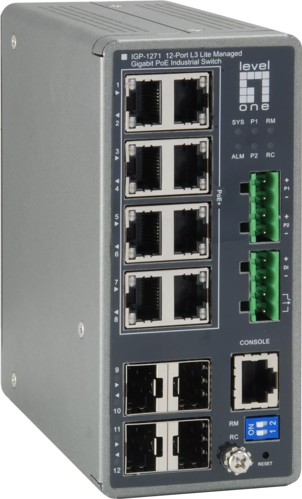 Levelone IgP-1271 - Switch - L3 Lite - Verwaltet - 8 X 10/100/1000 (poe+) + 4 X Gigabit Sfp - An DiN-Schiene Montierbar - Poe+ (240 W) - Dc Power (ig