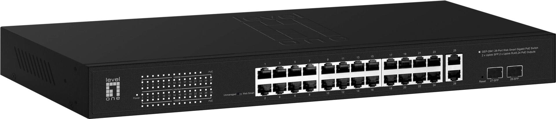 28-Port Web Smart Gigabit Poe Switch, 2x Gigabit Sfp, 2x Gigabit Rj45, 24 Poe Outputs, 375w Poe Hersteller: Levelone (geP-2841)