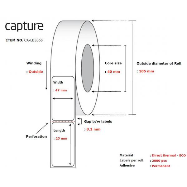 Capture CA-Lb3065 Etichetta Per Stampante Bianco (label 47x25, Core 40, - Diameter 105 Mm. Thermal - Print. Uncoated. Permanent. 2000 Labels Per Roll